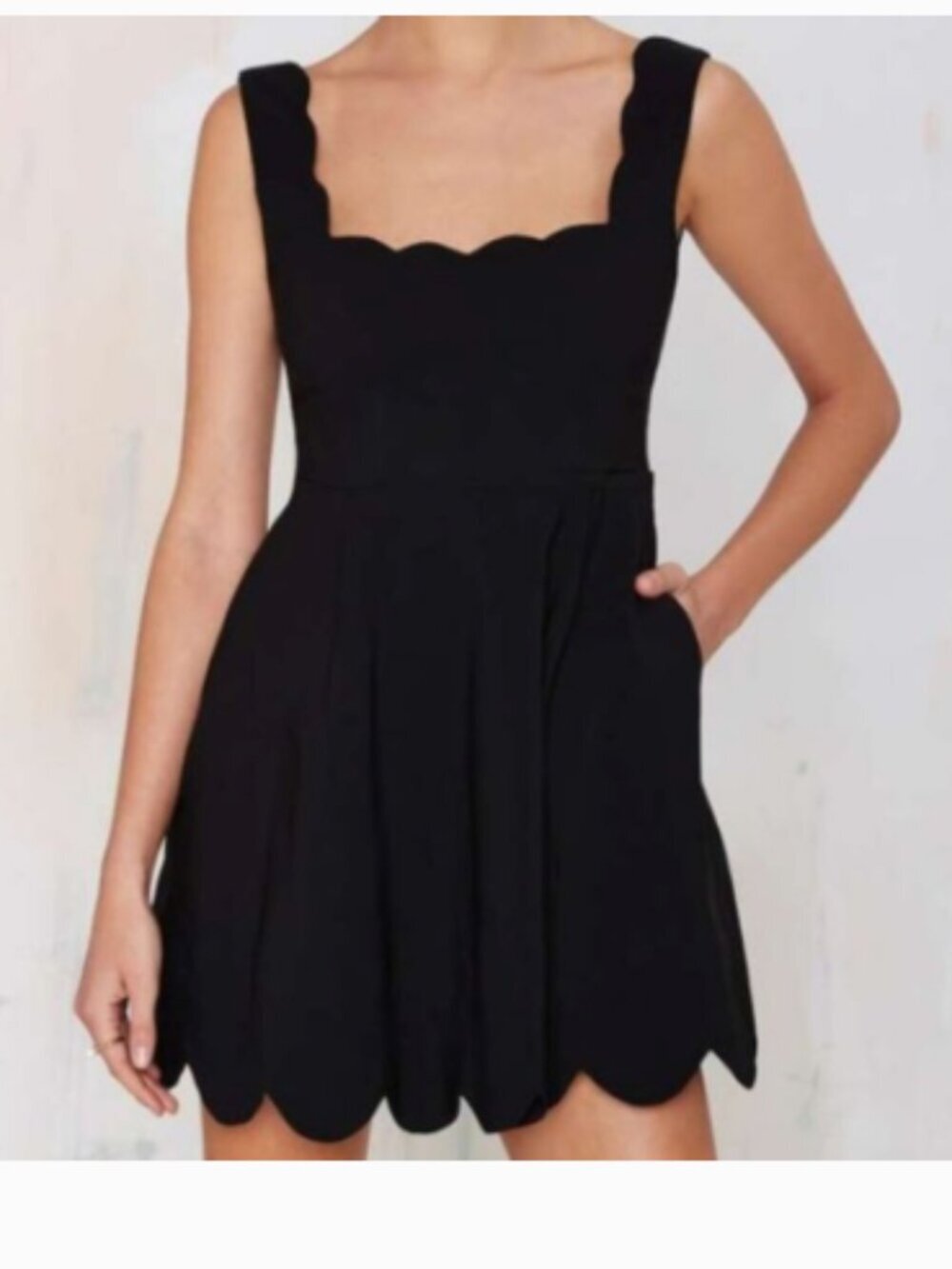 Nasty Gal Women's Sz XS Scalloped Mini Dress Black Sleeveless Square Neck A-Line